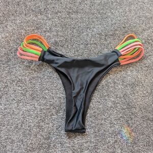 Black Bikini Bottom with Neon Multi-Strap Sides